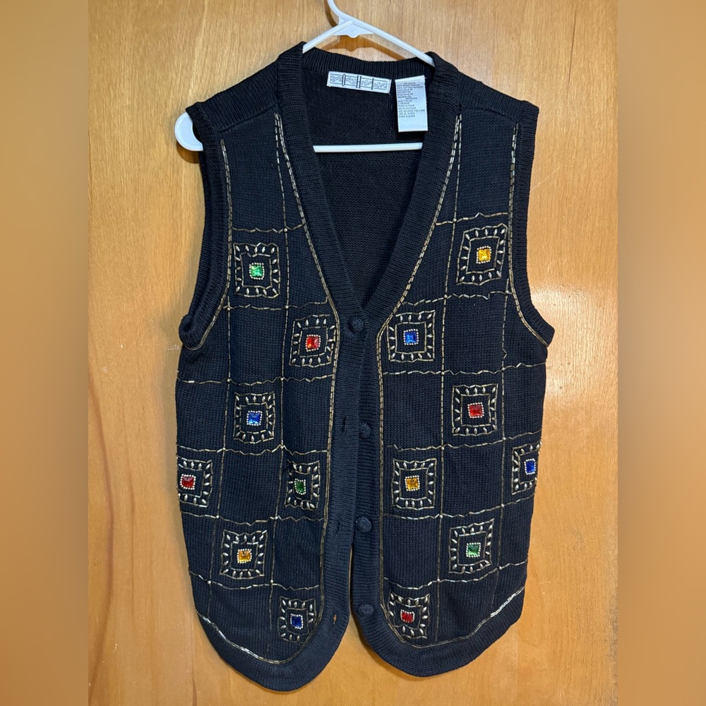 Vintage Black Knit Vest‎ ✨ Colorful Geometric Embroidered Squares 80s 90s large